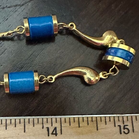 Vintage Gold Tone & Blue Station Necklace 30” - Picture 3 of 4